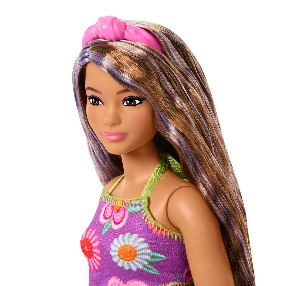Muñeca Barbie Floral con vestido morado de flores y pelo con mechas moradas - 5