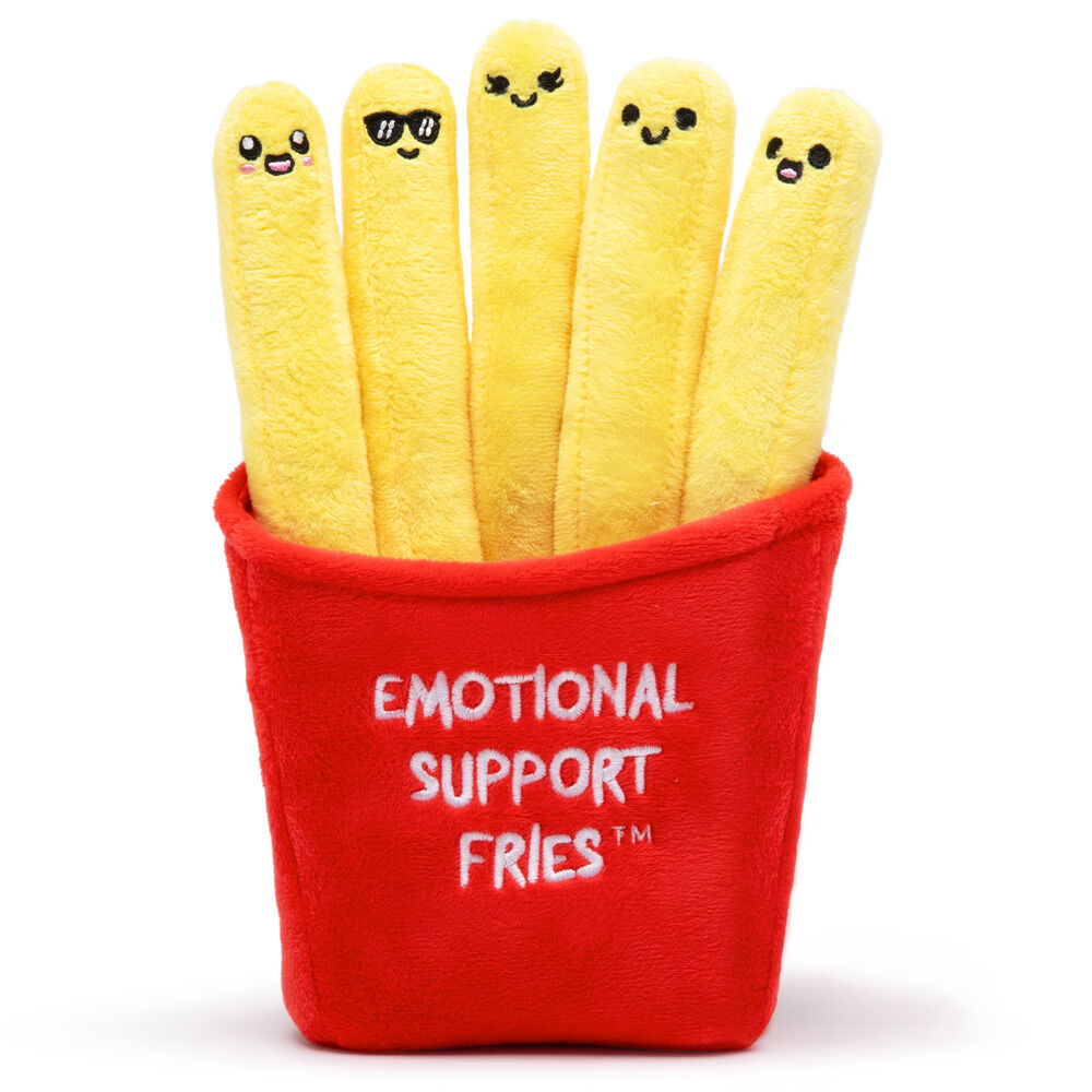 Peluche Emotional Support Fries con patatas fritas sonrientes en recipiente rojo