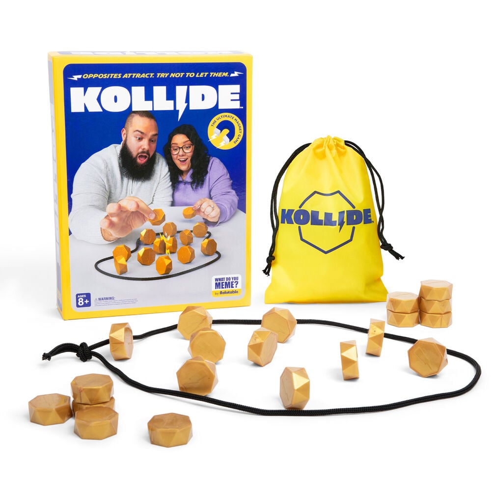 Juego de mesa Kollide con piezas doradas, cordón negro y bolsa amarilla