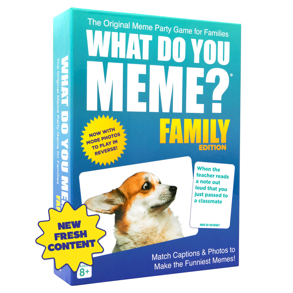 Caja de What Do You Meme? Family Edition con fotografía de un perro