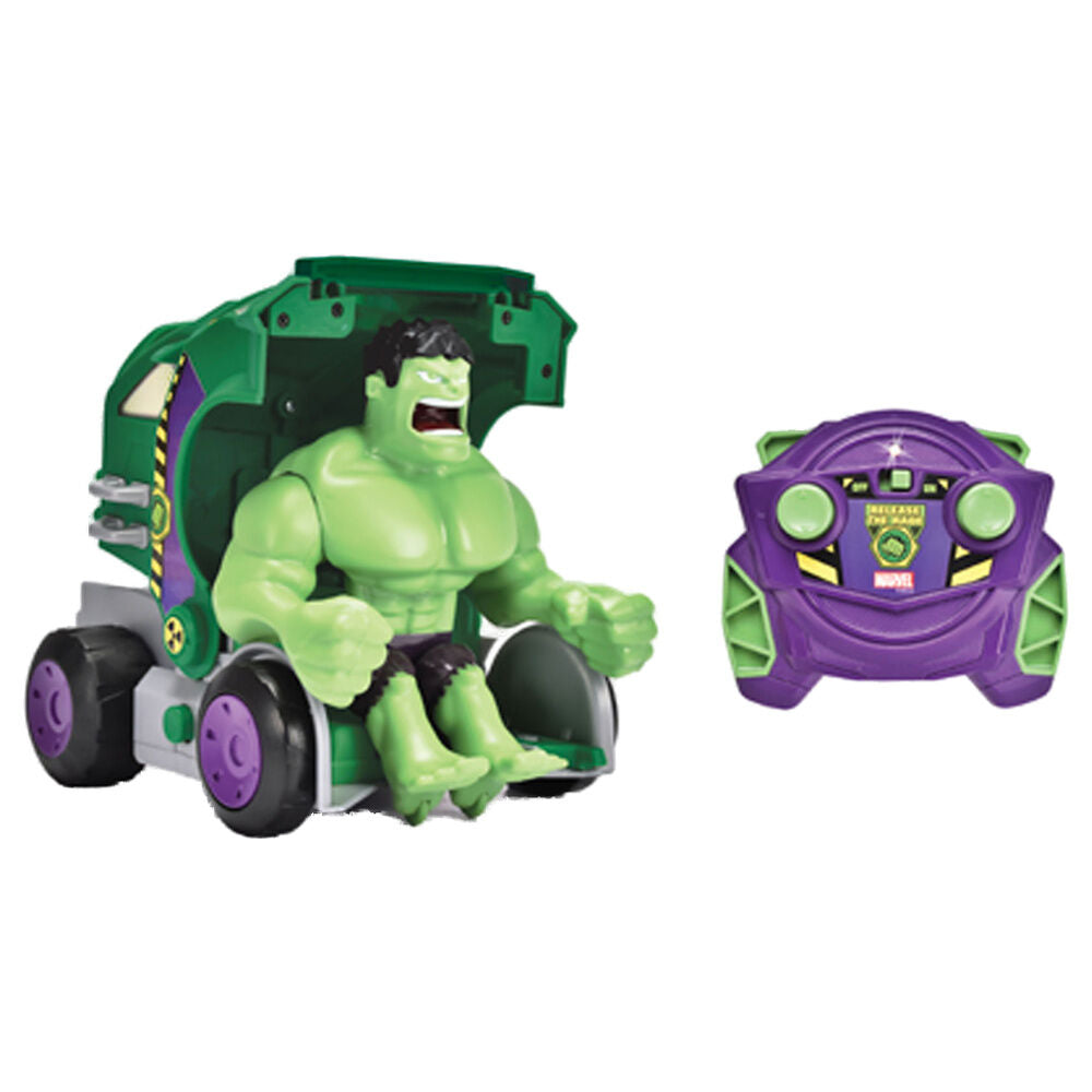 Vehículo RC Hulk Smash transformado en figura de Hulk con mando morado