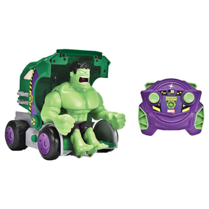 Vehículo RC Hulk Smash transformado en figura de Hulk con mando morado