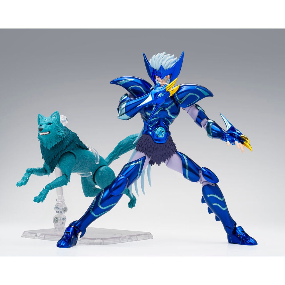 Figura articulada de Fenrir de Saint Seiya con armadura azul y lobo - 4