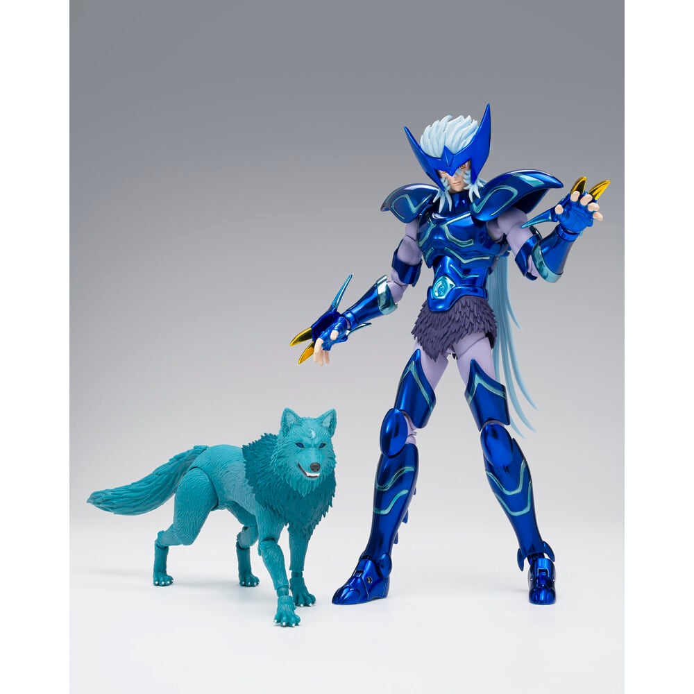 Figura articulada de Fenrir de Saint Seiya con armadura azul y lobo