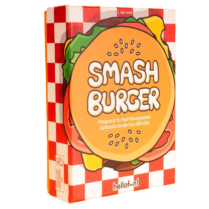 Caja del juego de cartas Smash Burger con ilustración de hamburguesa
