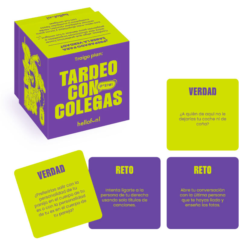 Caja y cartas del juego Tardeo con Colegas de HELLOFUN!