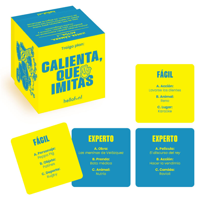 Caja y cartas del juego de mesa Calienta Que Imitas