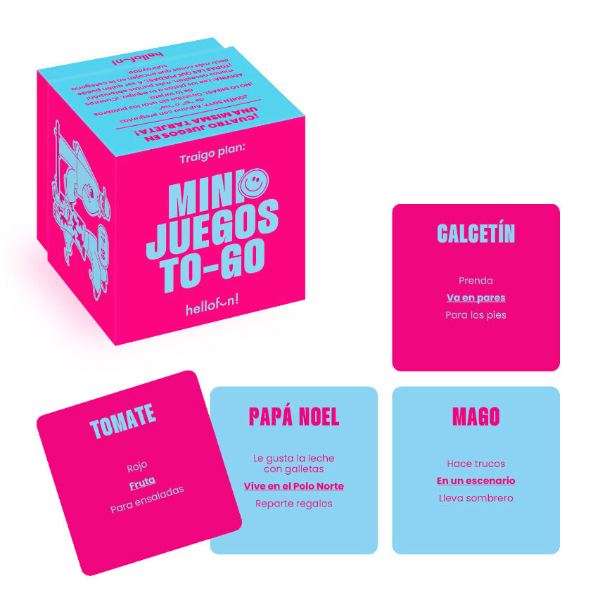 Caja rosa de Mini Juegos To-Go de HELLOFUN! con cartas de juego