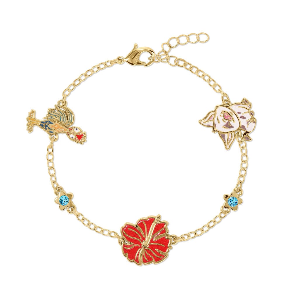 Pulsera de charms dorada de Vaiana Moana Disney con flor roja y detalles azules
