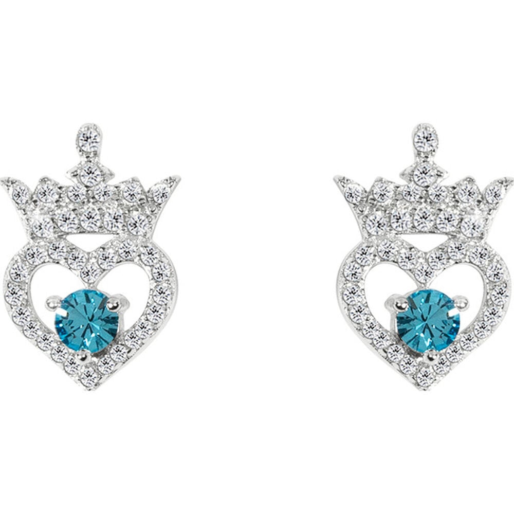 Pendientes Princesas Disney de plata 925 con corona, corazón y piedra azul