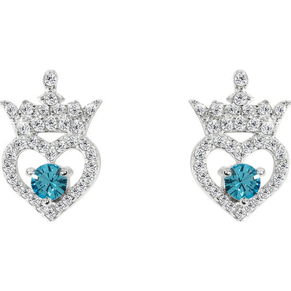 Pendientes Princesas Disney de plata 925 con corona, corazón y piedra azul