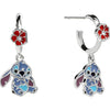 Pendientes de aro plateados con charm de Stitch y flor roja