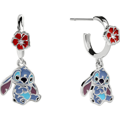 Pendientes de aro plateados con charm de Stitch y flor roja