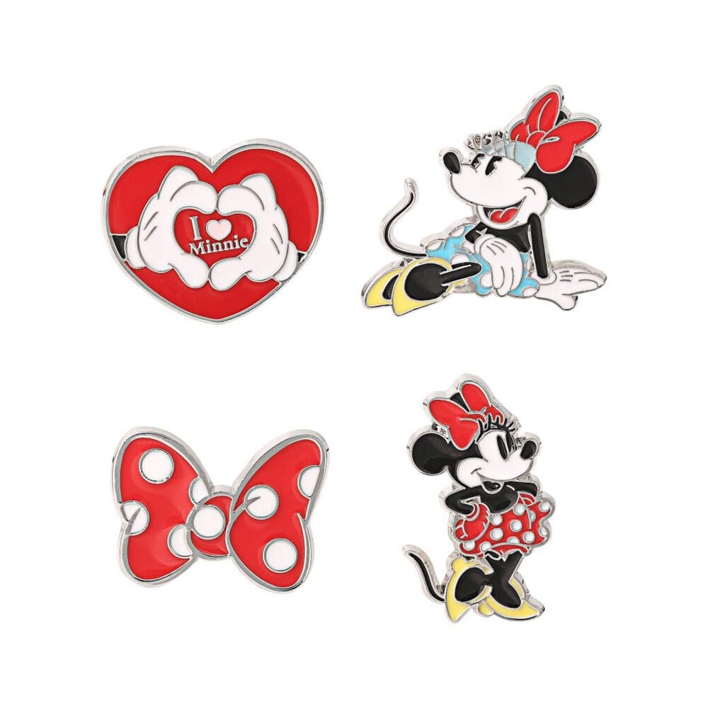 Set de 4 pins de Minnie Disney con corazón, lazo e ilustraciones del personaje