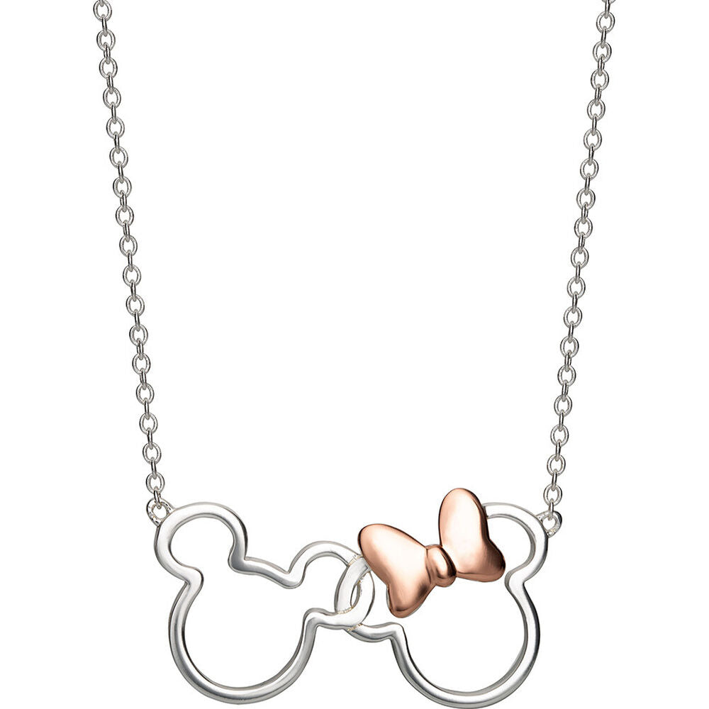 Colgante de plata 925 con siluetas de Mickey y Minnie y lazo rosado