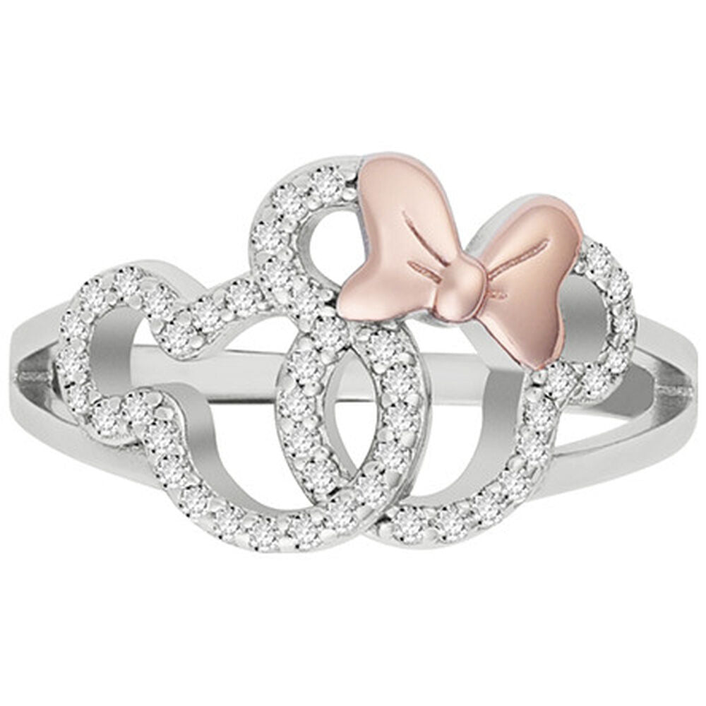 Anillo Disney de Mickey y Minnie en plata 925 con lazo rosa