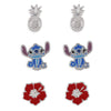 Set de pendientes Disney Stitch con diseños de Stitch, piña y flor roja