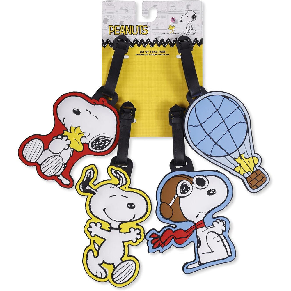 Set de cuatro etiquetas de equipaje Snoopy Peanuts de silicona