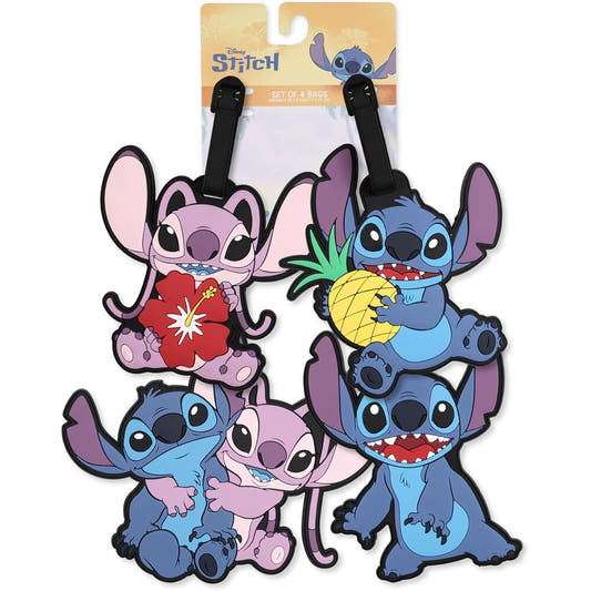 Set de cuatro etiquetas de equipaje Disney con diseños de Stitch y Angel
