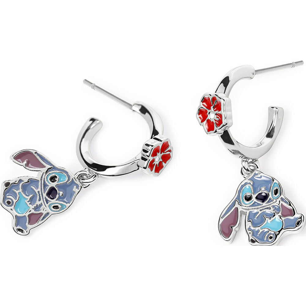 Pendientes de aro plateados con charm de Stitch y flor roja - 2