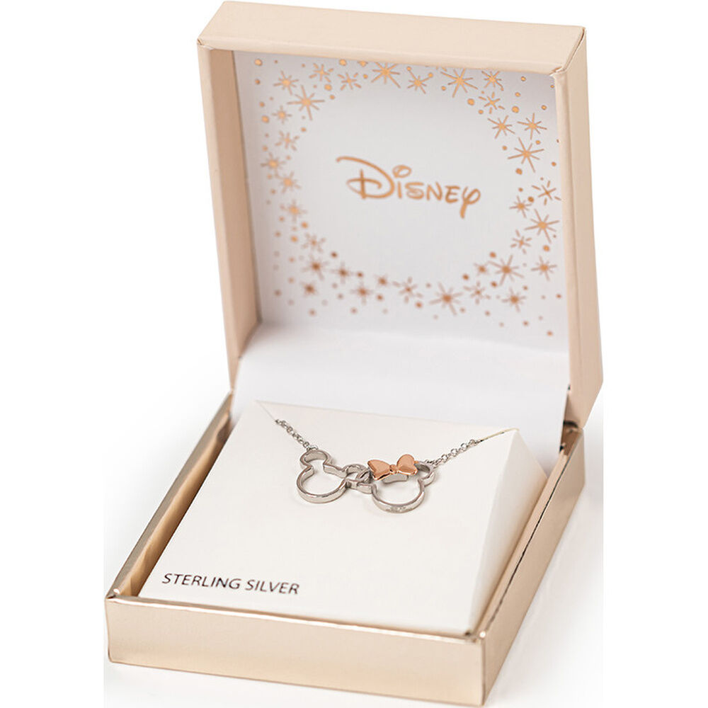 Colgante de plata 925 con siluetas de Mickey y Minnie y lazo rosado - 3