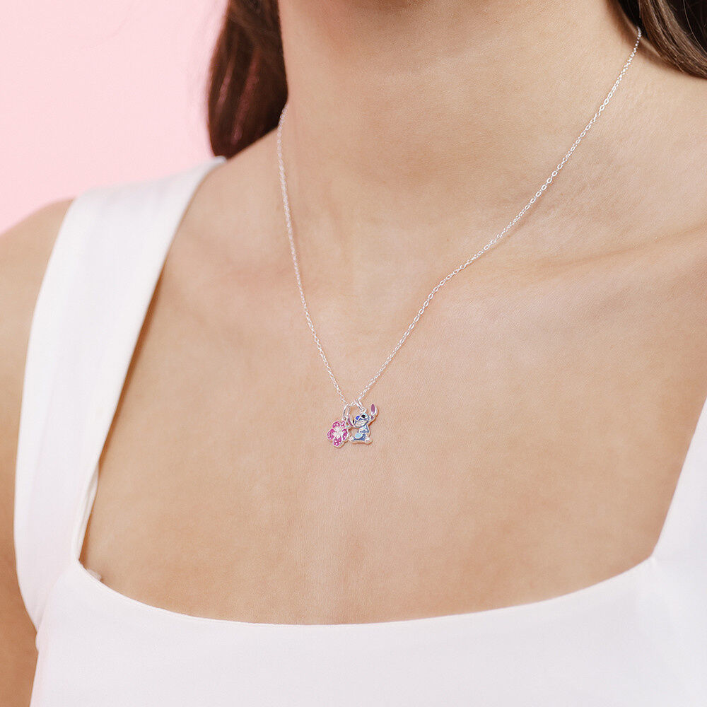 Colgante de plata 925 con Stitch y flor rosa - 3