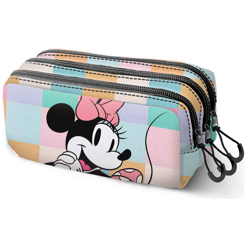 Portatodo triple Minnie Disney con estampado de cuadros pastel