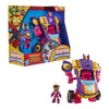 Figura de Ironheart junto a vehículo transformable morado y rosa