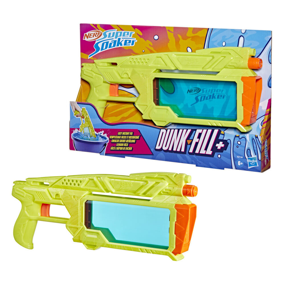 Lanzador de agua Nerf Super Soaker Dunk-Fill+ verde lima con tanque azul translúcido