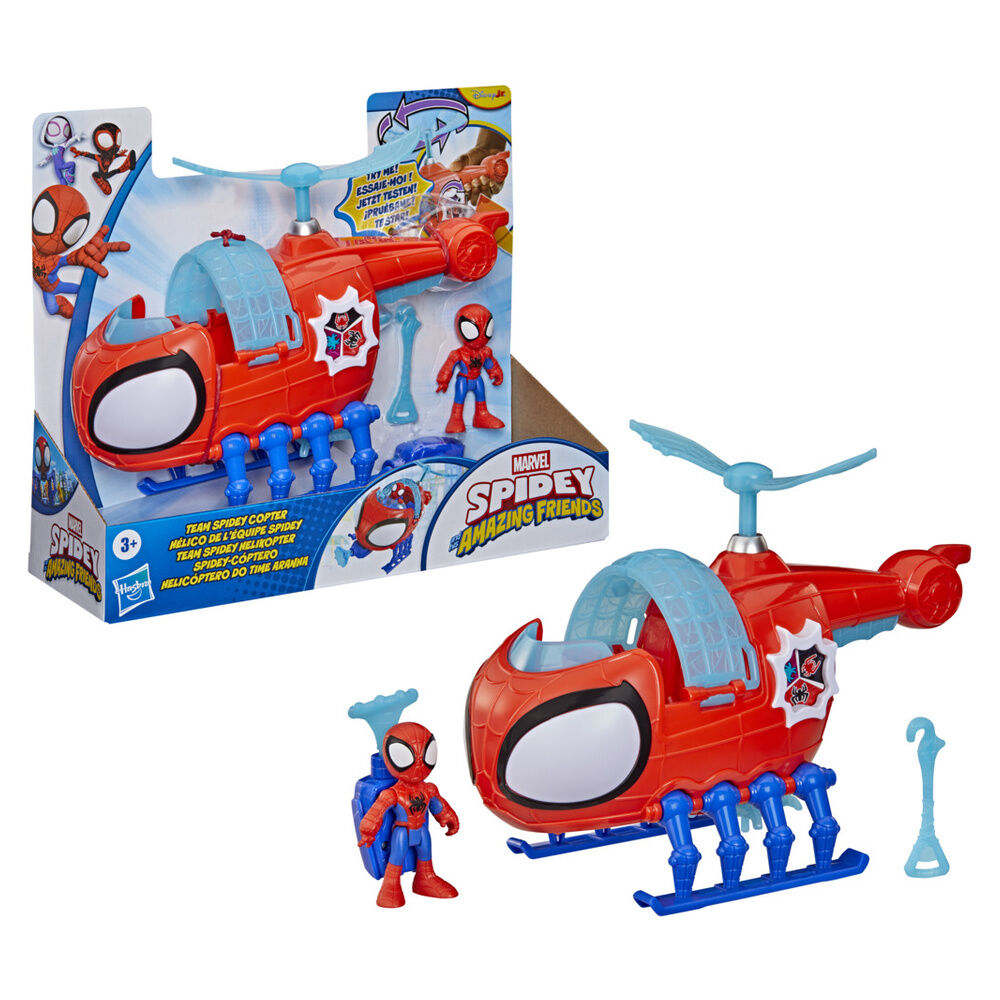 Spidey-Cóptero rojo y azul de Marvel con figura de Spidey