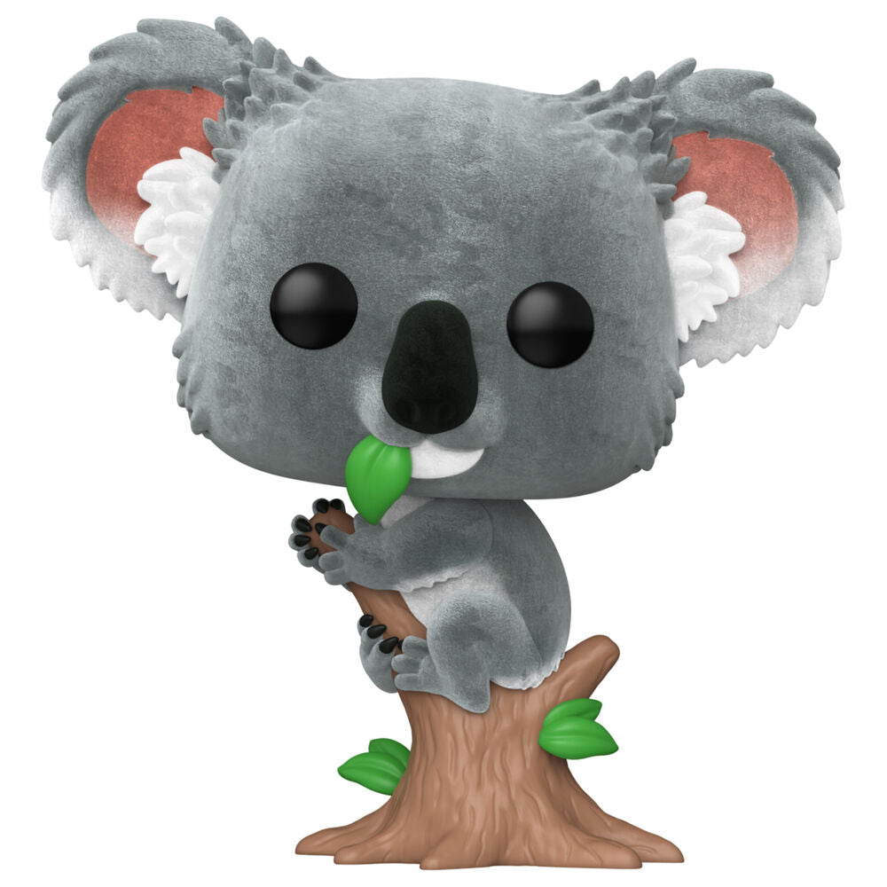Figura Funko POP! de koala gris sobre un tronco
