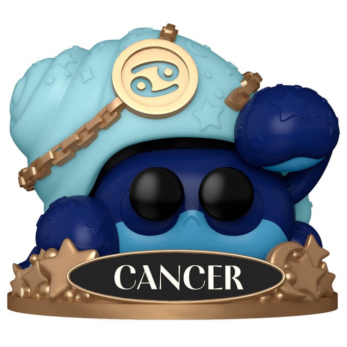 Figura Funko POP! Zodiac Cancer azul y dorada sobre base con estrellas