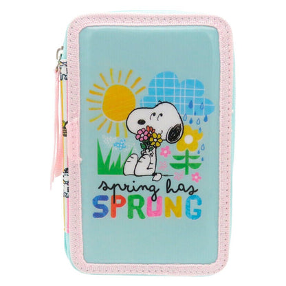 Plumier triple Snoopy Peanuts turquesa y rosa con diseño primaveral