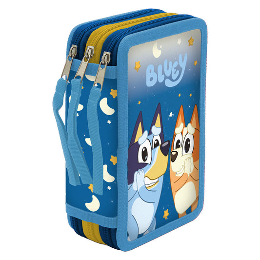 Plumier triple azul de Bluey con material escolar