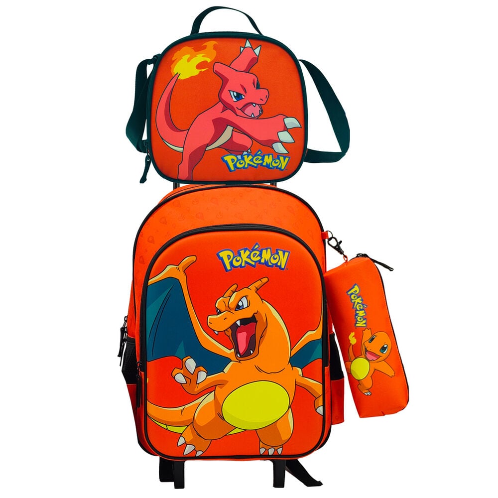 Set escolar Pokémon naranja con trolley, portatodo y bolsa portameriendas