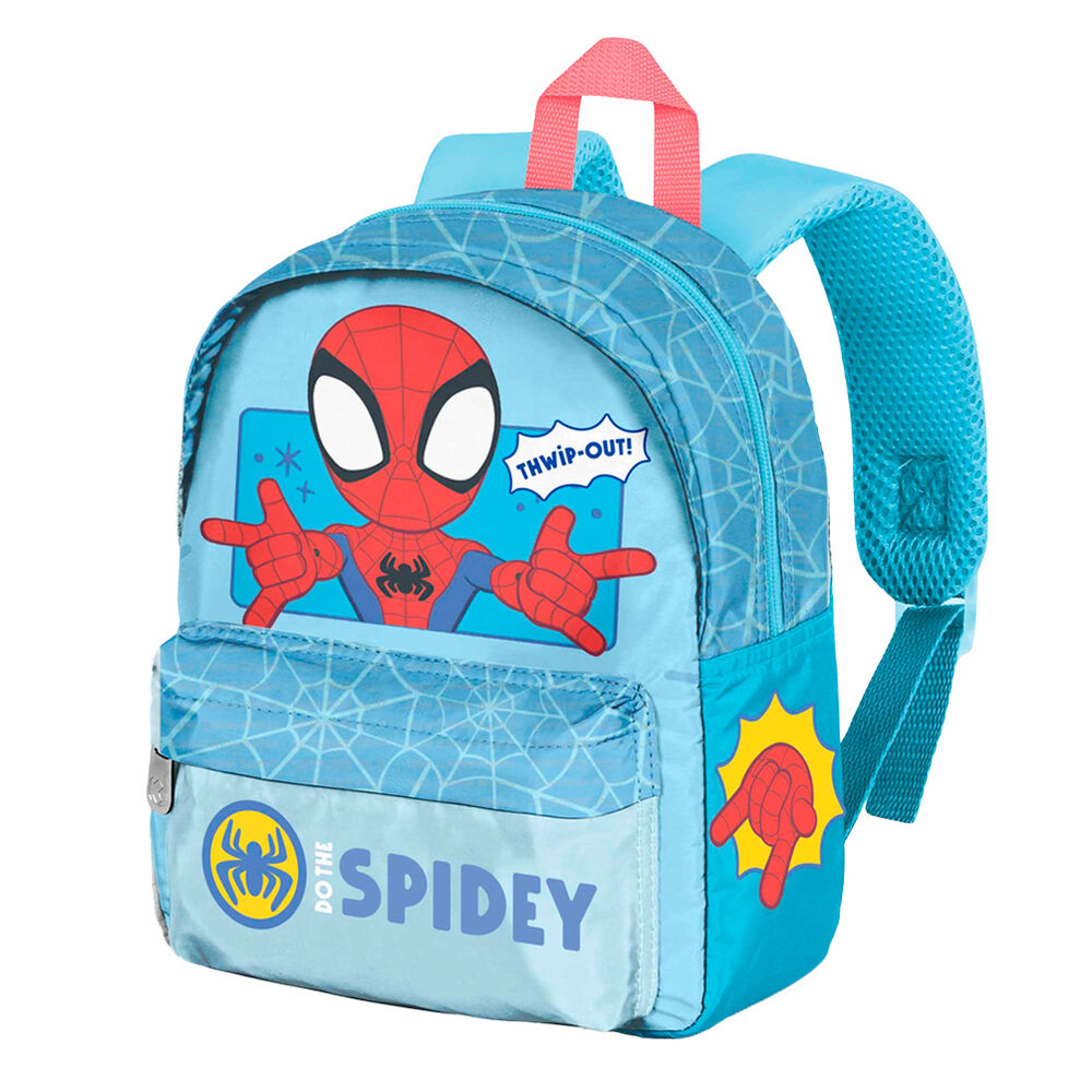 Mochila azul de Spidey Marvel con telarañas y bolsillo frontal