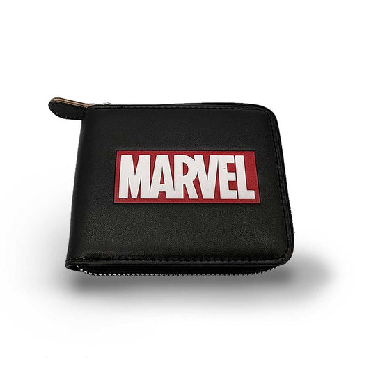 Cartera Marvel negra con logotipo frontal y cremallera