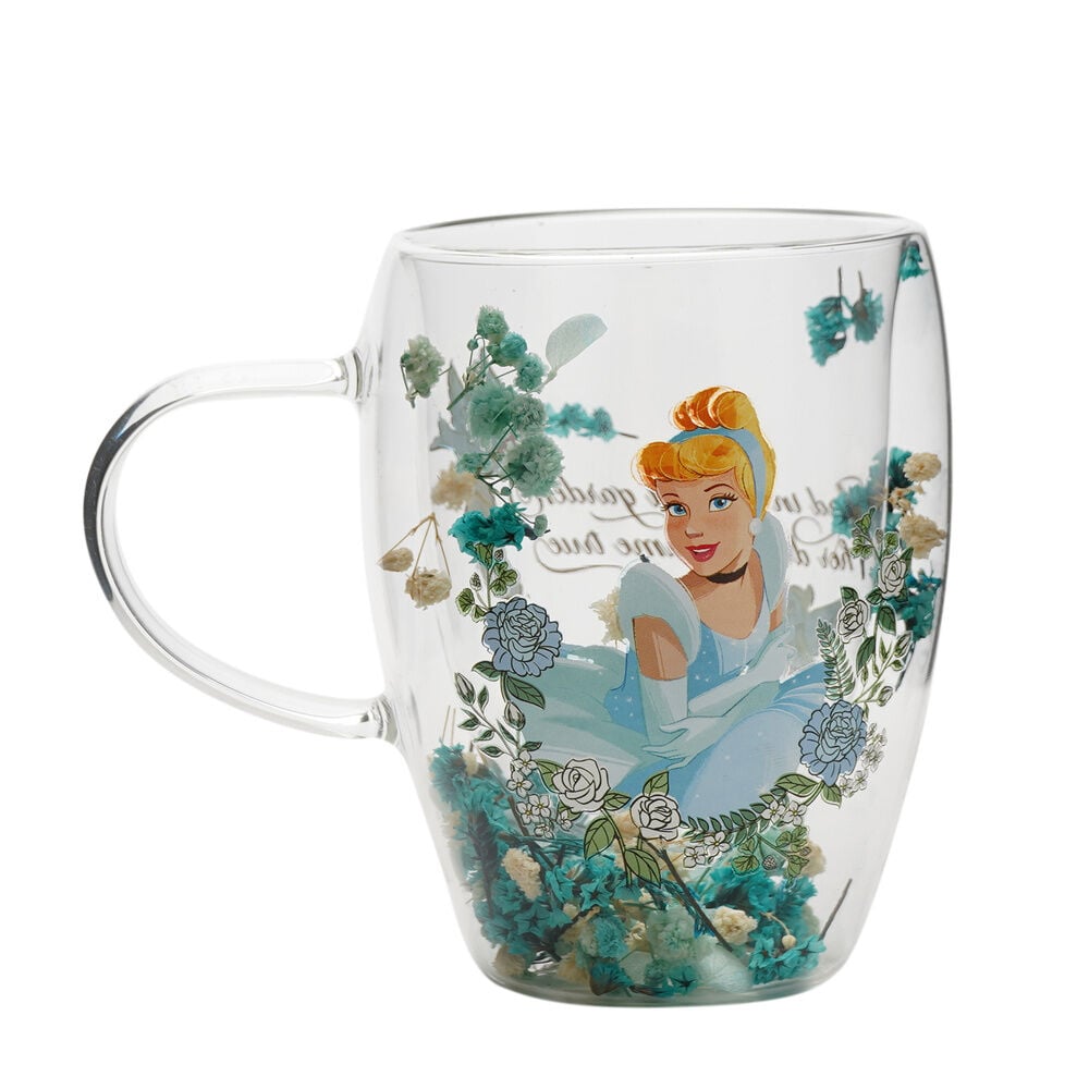 Taza de cristal de Cenicienta Disney con flores secas y asa transparente