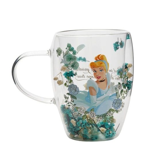 Taza de cristal de Cenicienta Disney con flores secas y asa transparente