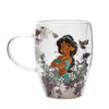 Taza de cristal transparente de Jasmine con flores secas y motivos florales