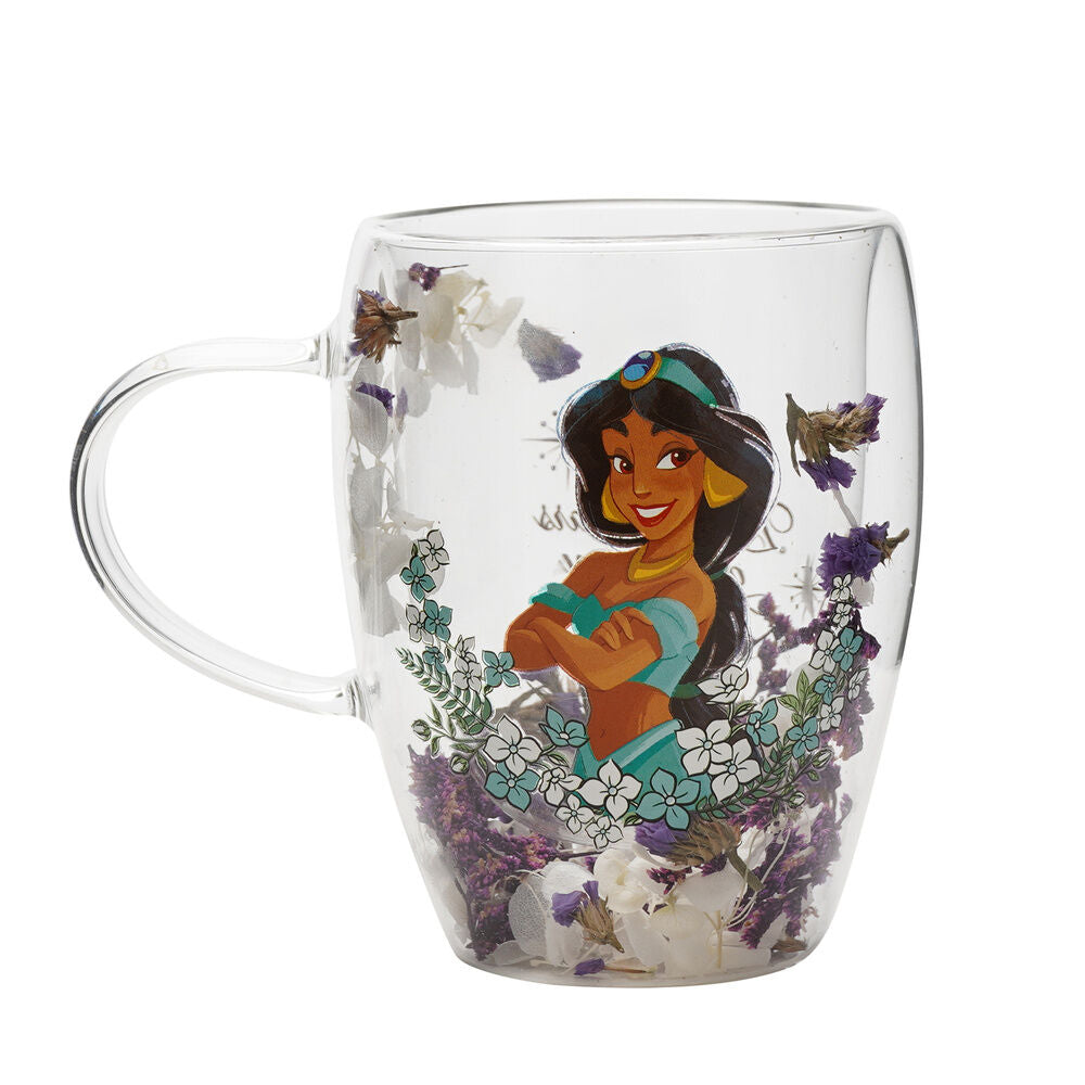 Taza de cristal transparente de Jasmine con flores secas y motivos florales