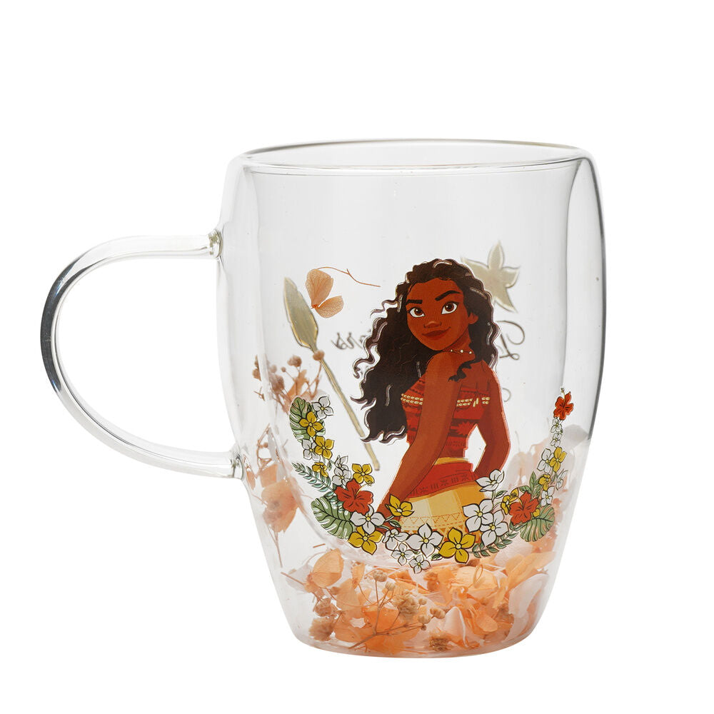 Taza de cristal transparente de Vaiana con flores secas