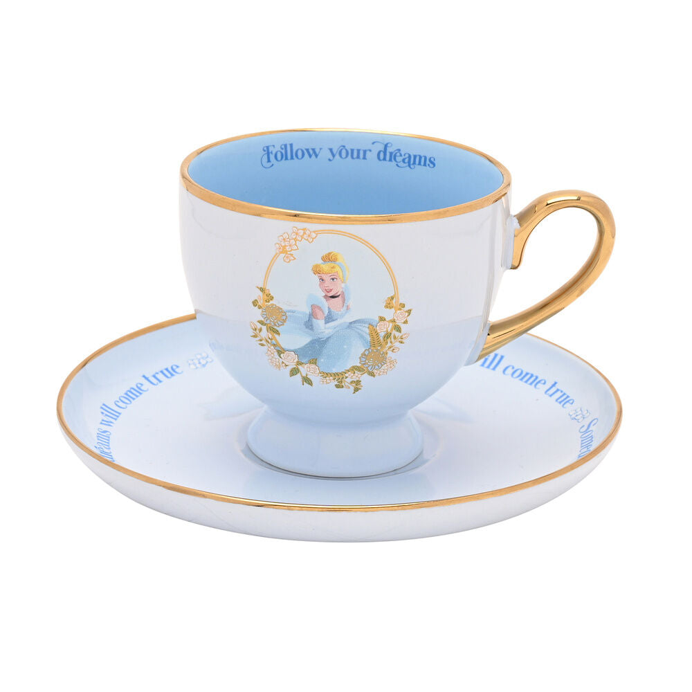 Taza de té y platillo de porcelana con Cenicienta Disney, flores y detalles dorados