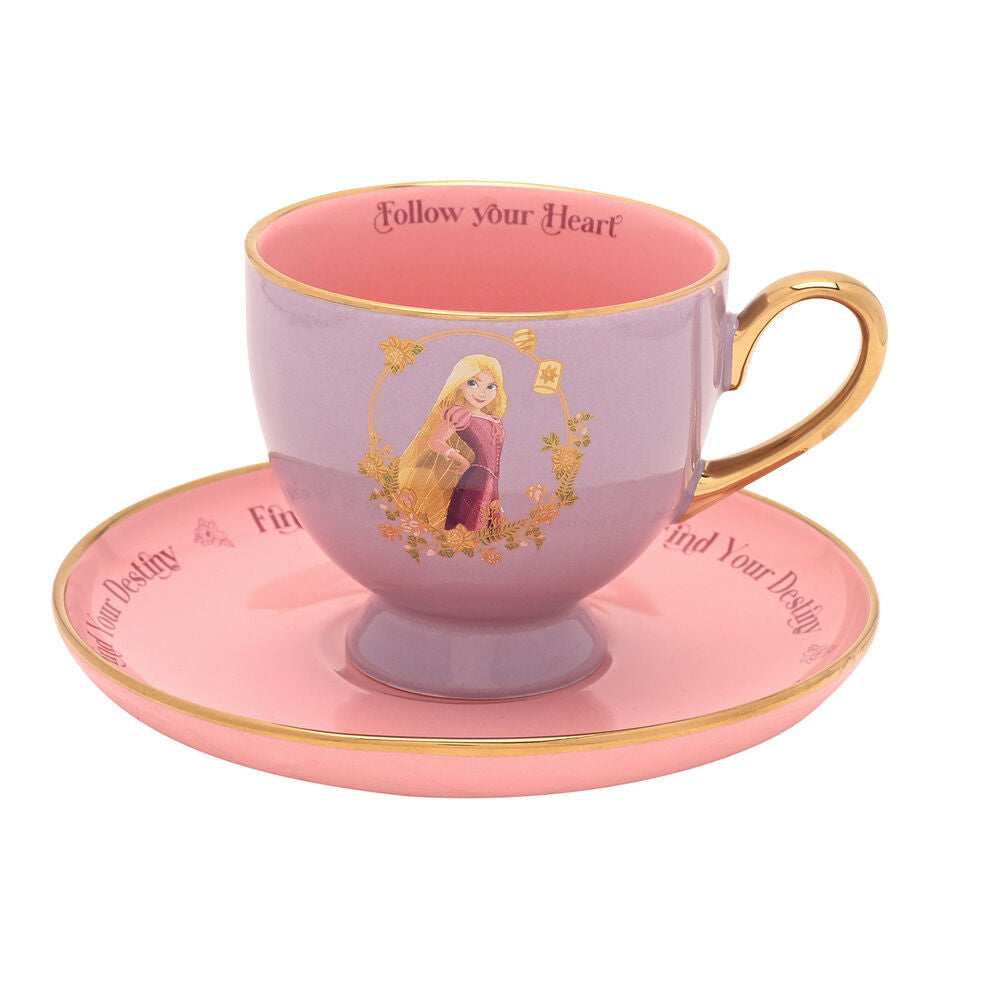 Taza y platillo de té de Rapunzel Disney en rosa y morado con detalles dorados