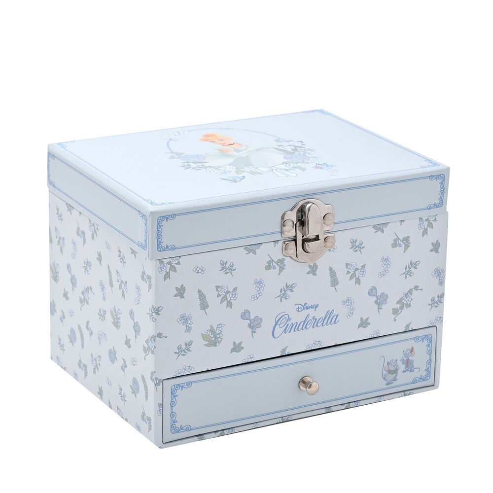Joyero musical azul claro de Cenicienta Disney con flores y cajón