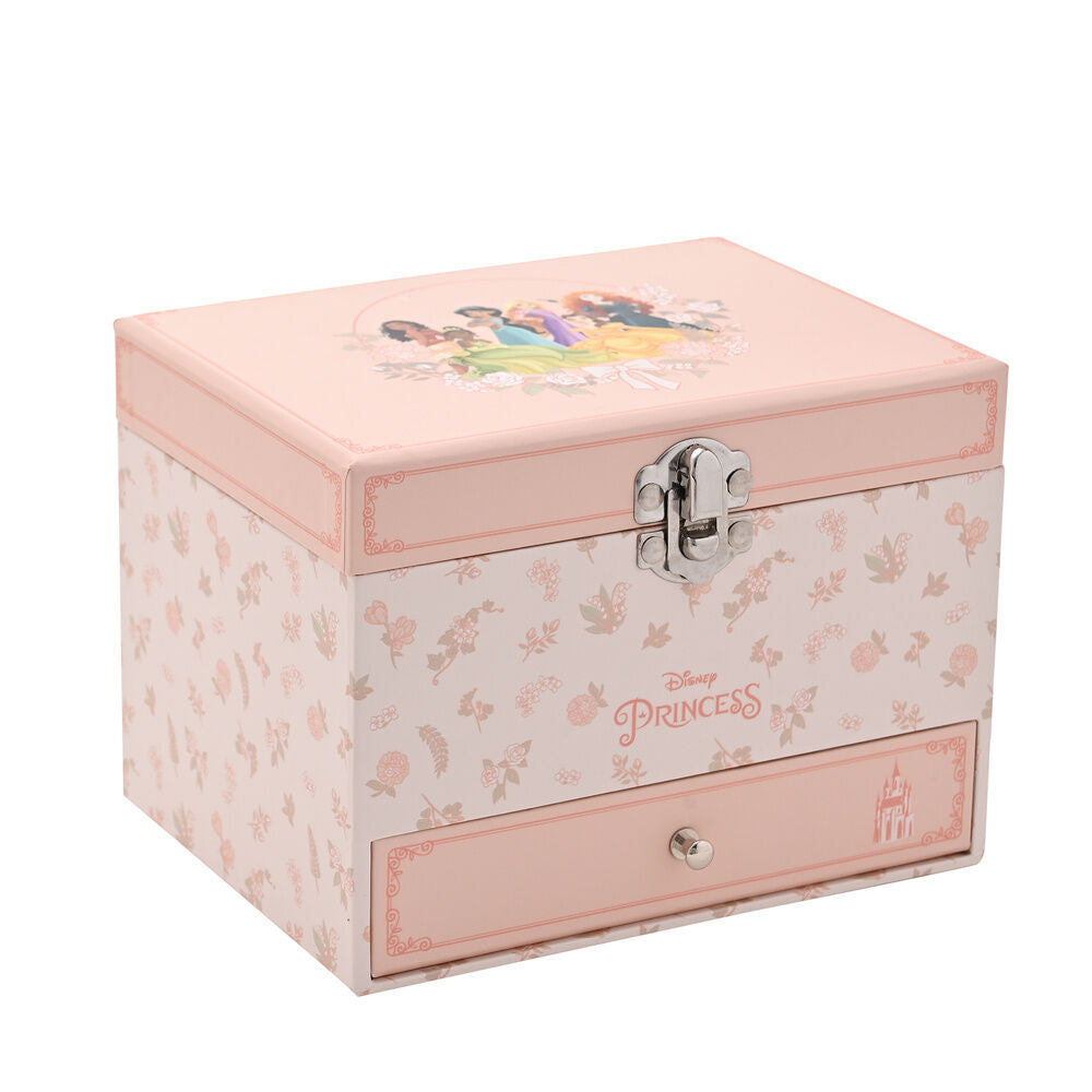 Joyero musical rosa Disney Princesas con cajón y estampado floral