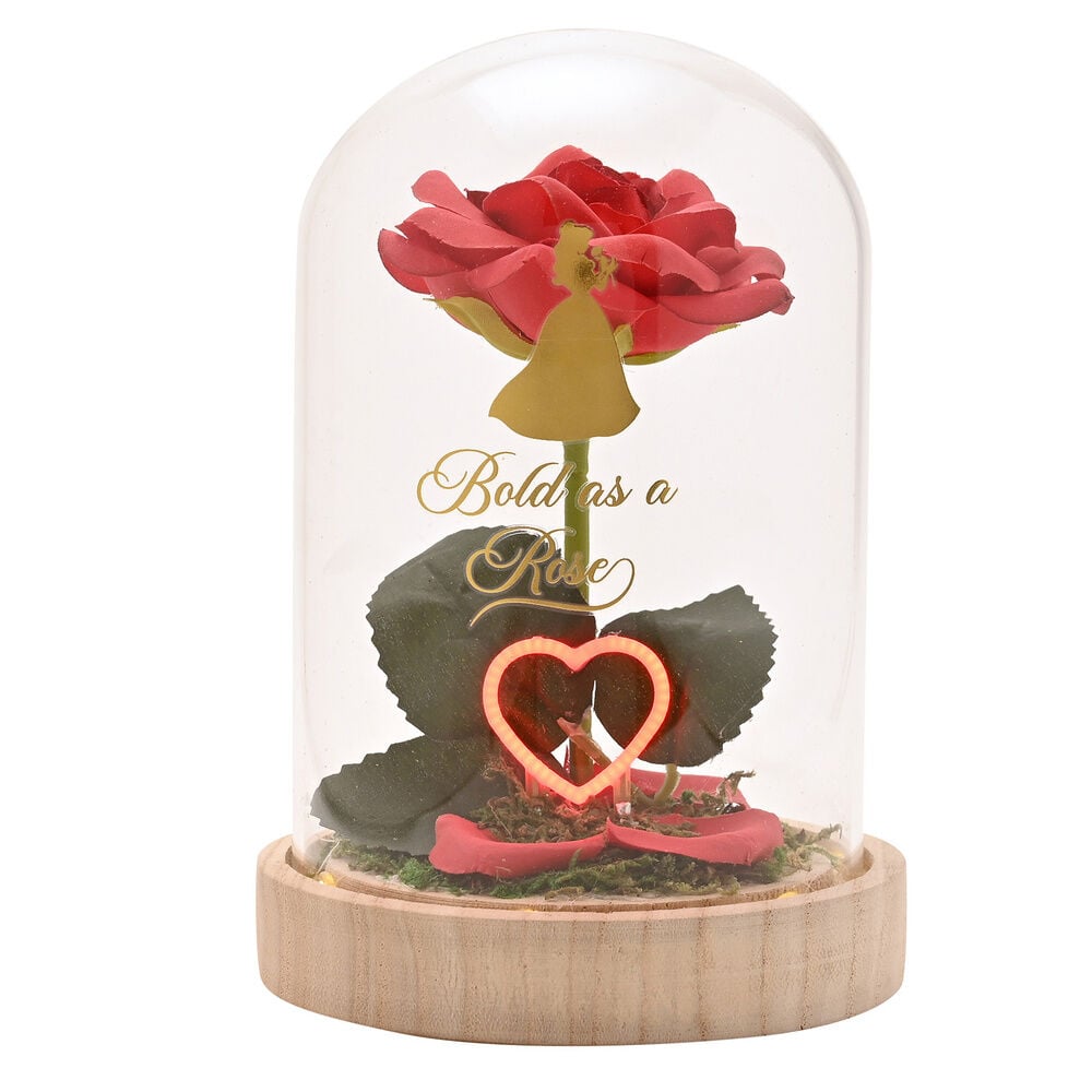 Flor roja de Bella Disney bajo campana con corazón iluminado