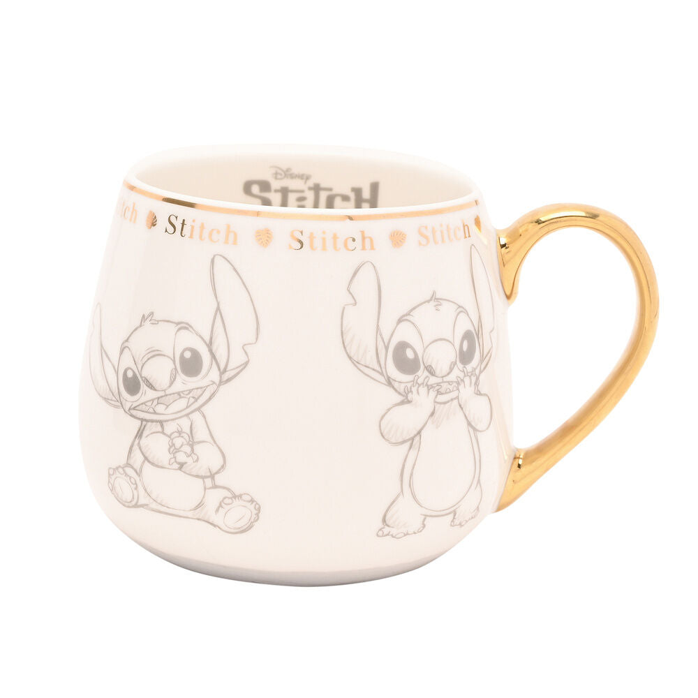 Taza de porcelana china de Stitch Disney con asa y detalles dorados