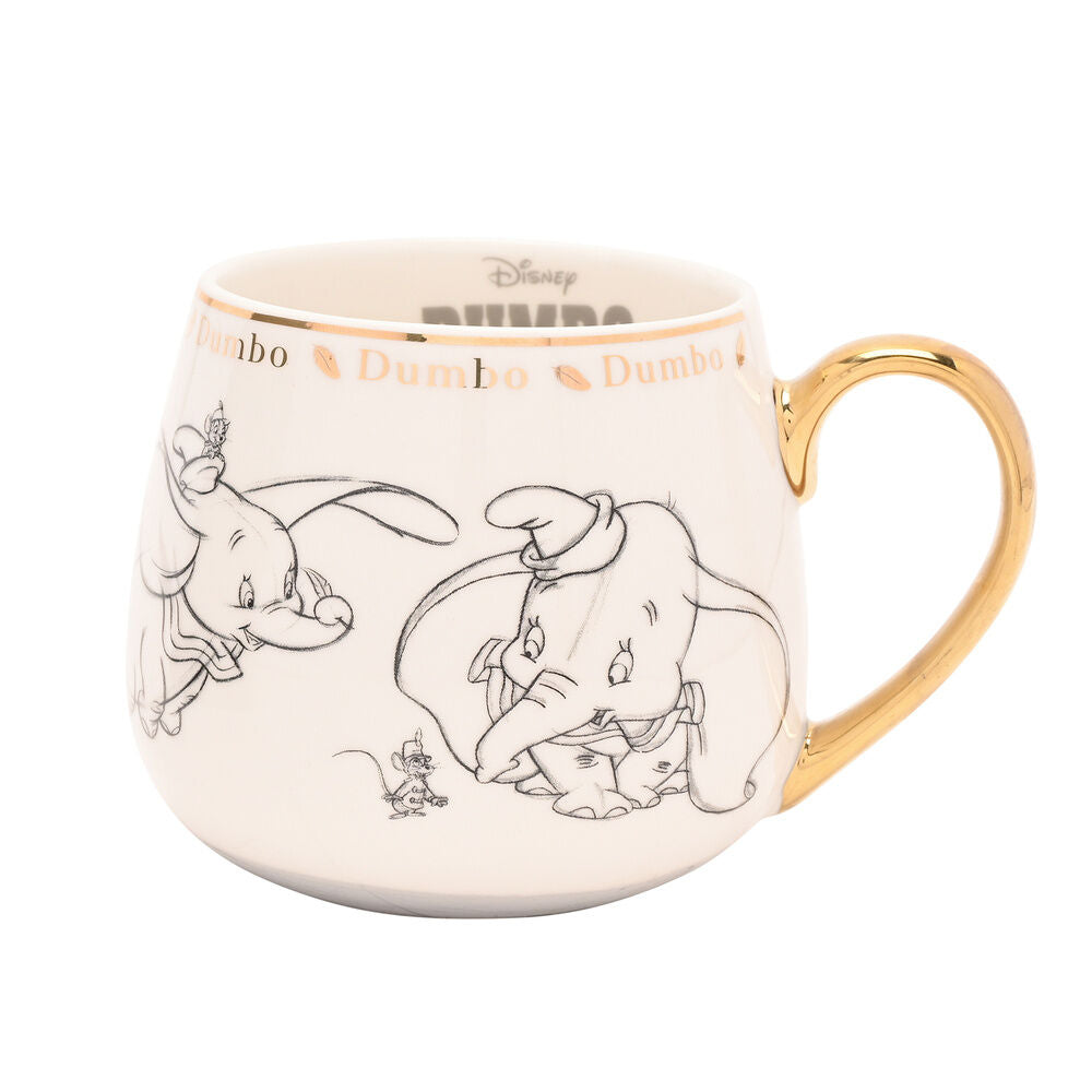 Taza Disney de Dumbo con ilustraciones esbozadas y asa dorada