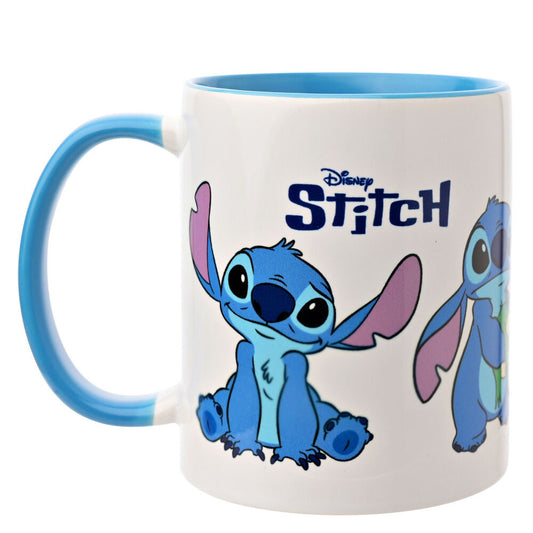 Taza blanca de Disney Stitch con asa azul y varias ilustraciones del personaje